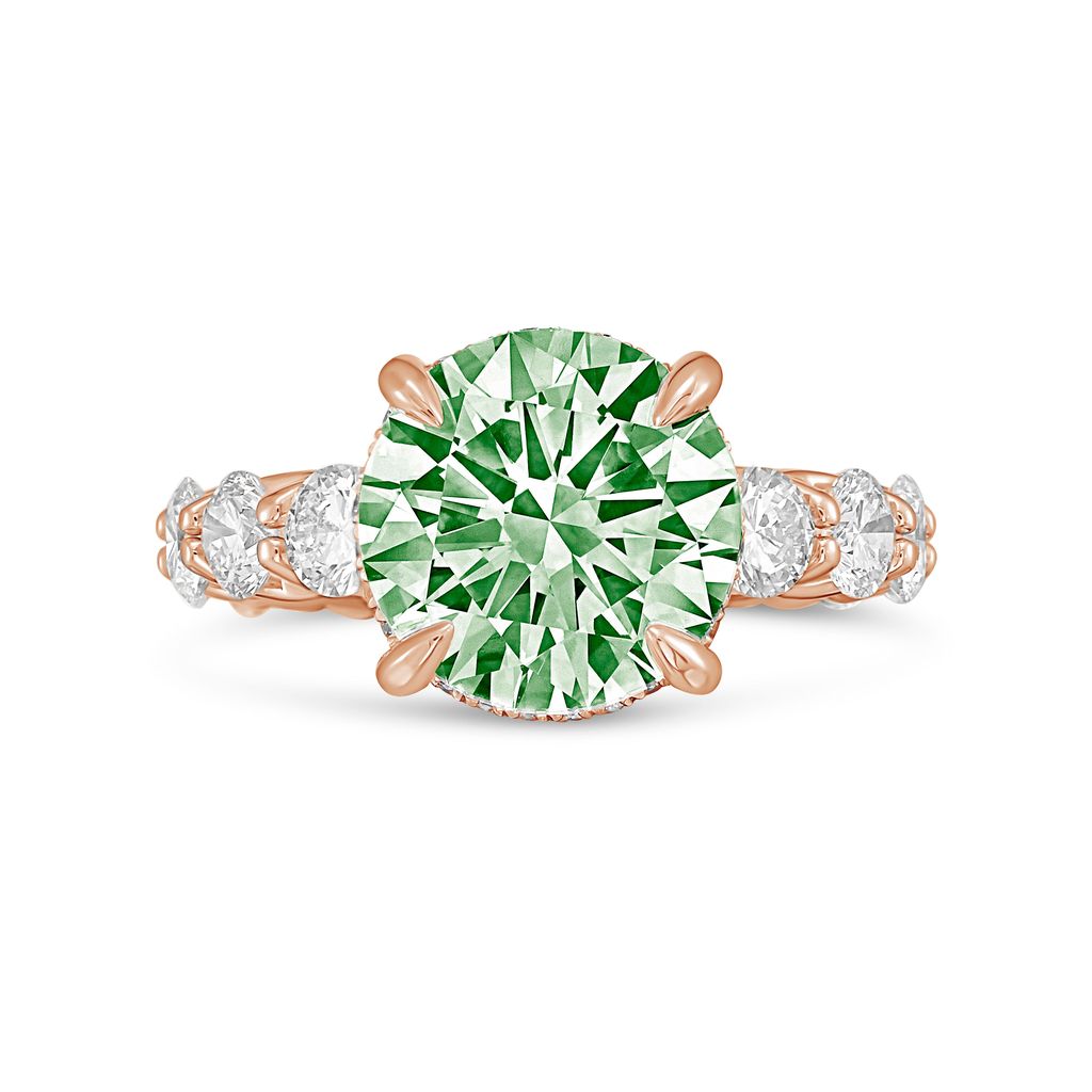 Lab-Grown Green Round Diamond Hidden Halo Ring with Pavé Band, 14K Gold