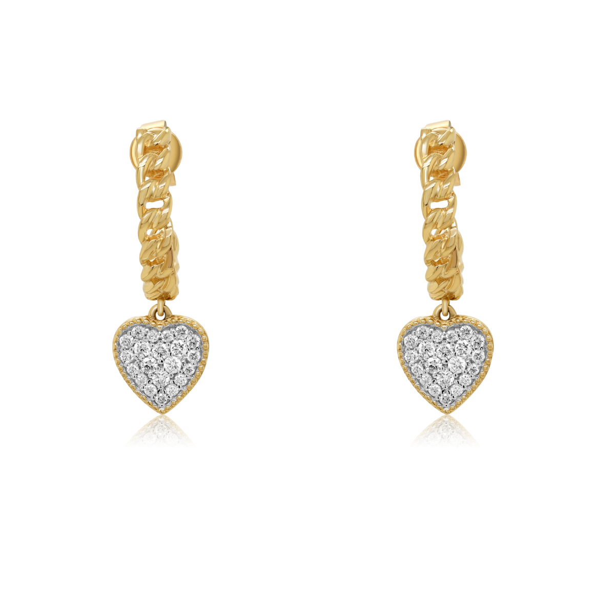 Gold heart-shaped huggie earrings with pavé diamonds, modern romantic design