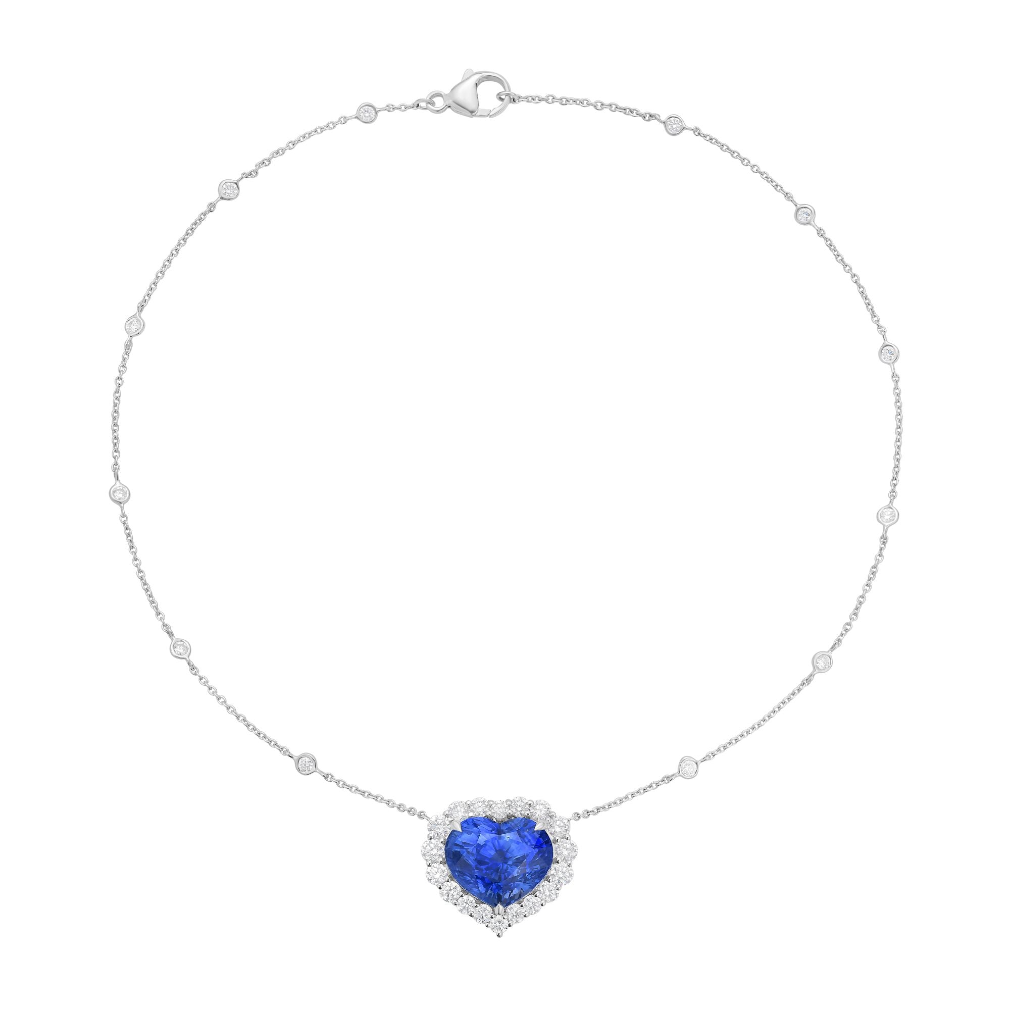 Heart-shaped blue sapphire pendant with diamond halo, 18K white gold by-the-yard necklace