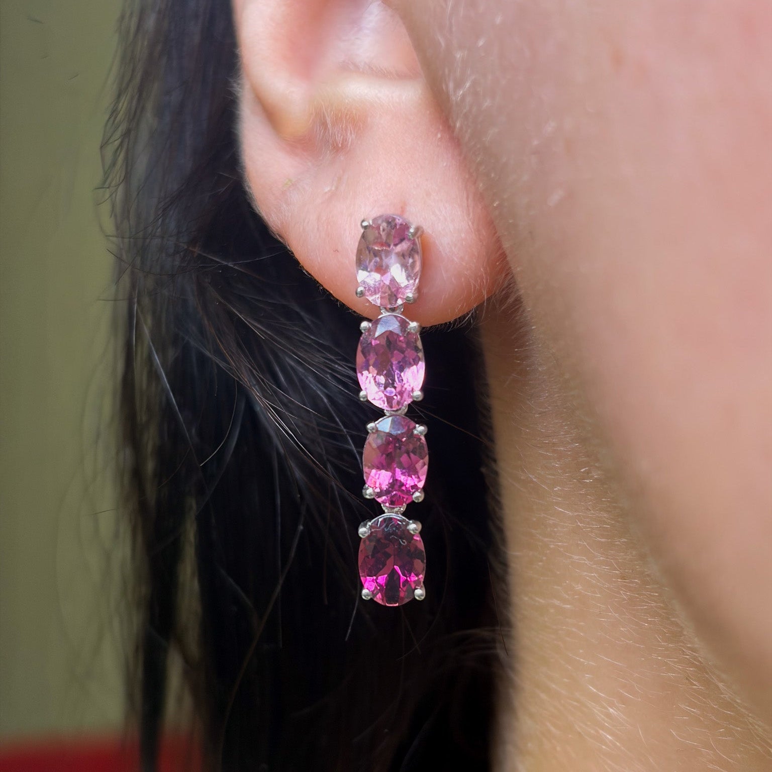 Pink Tourmaline Ombré Drop Earrings, 14k White Gold