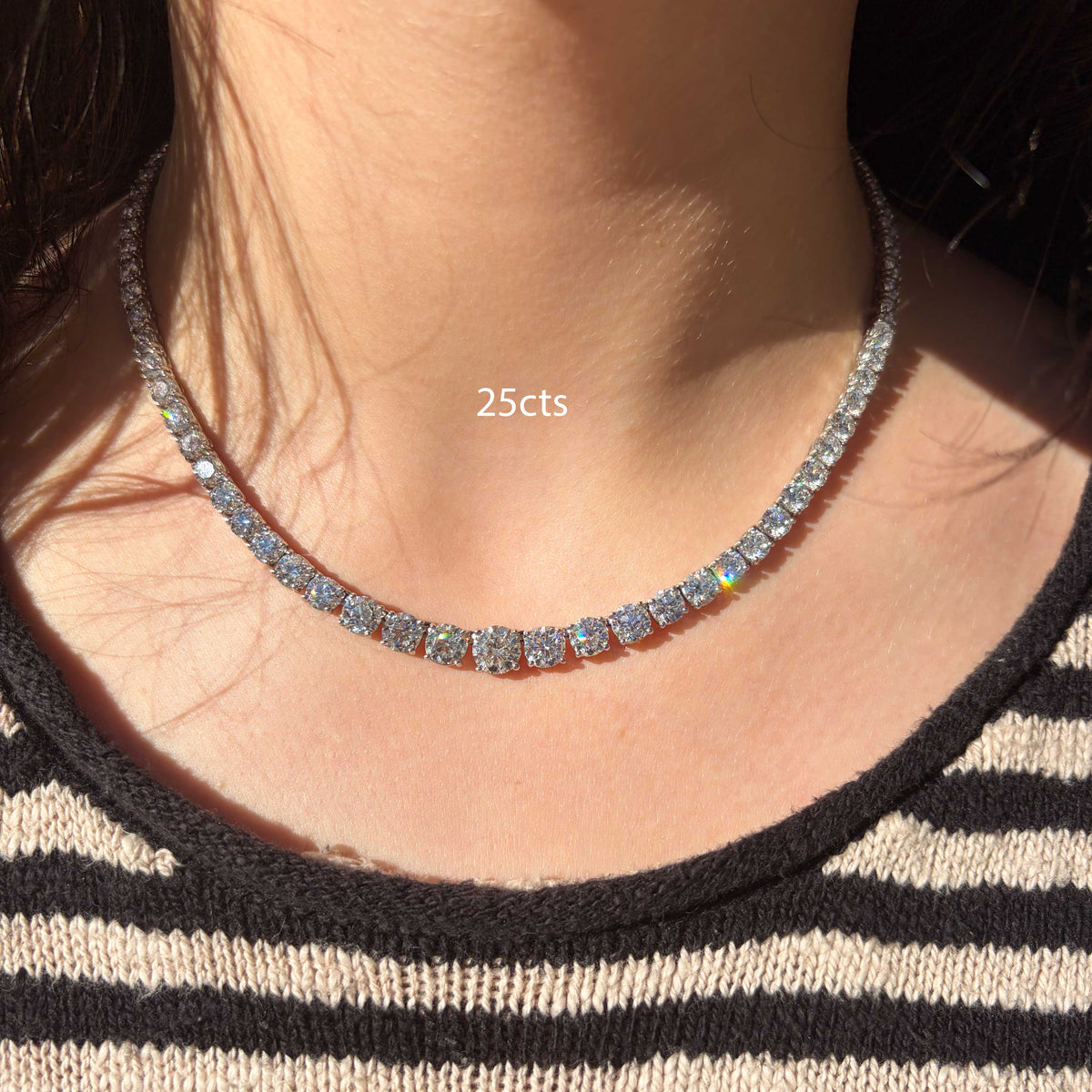 Lab-Grown Graduated 4-Prong Tennis Necklace, 14K Gold