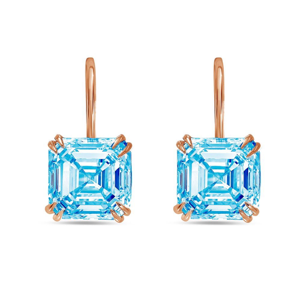 Lab-Grown Asscher Cut Blue Diamond Drop Earrings, 14K Gold
