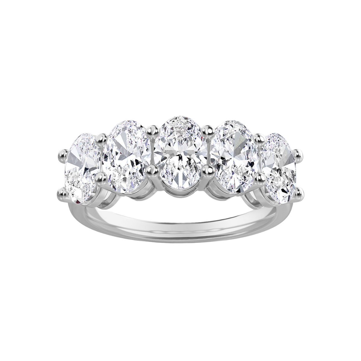 A 14kt white gold band with five oval-cut lab grown diamonds set on it.