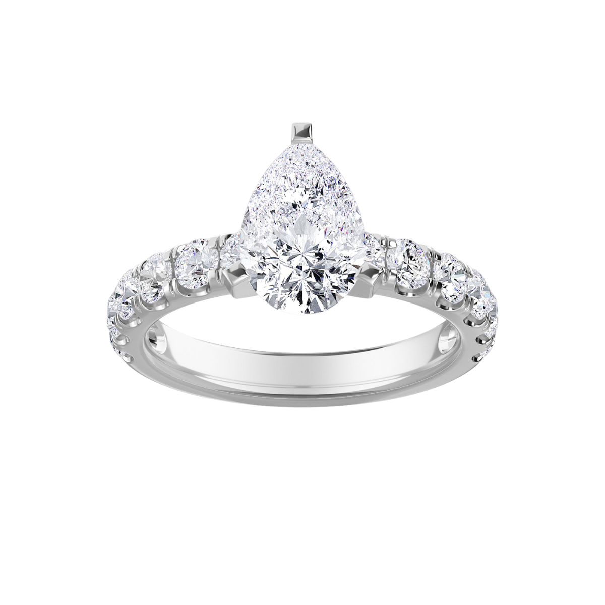 A white gold band with a pear-shaped lab grown diamond center stone set in a ring.