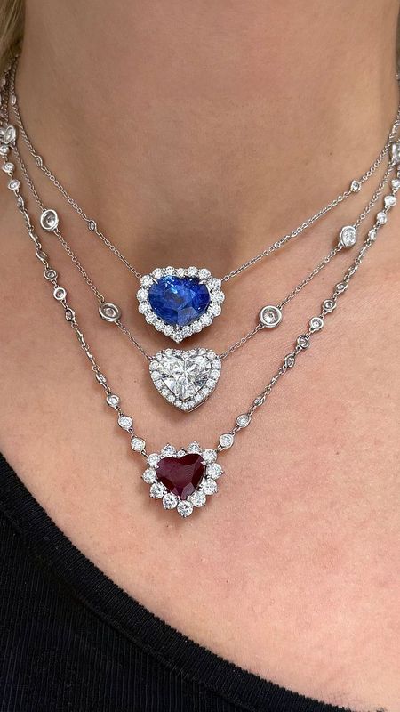Luxury ruby heart pendant necklace, halo diamonds, white gold fine jewelry