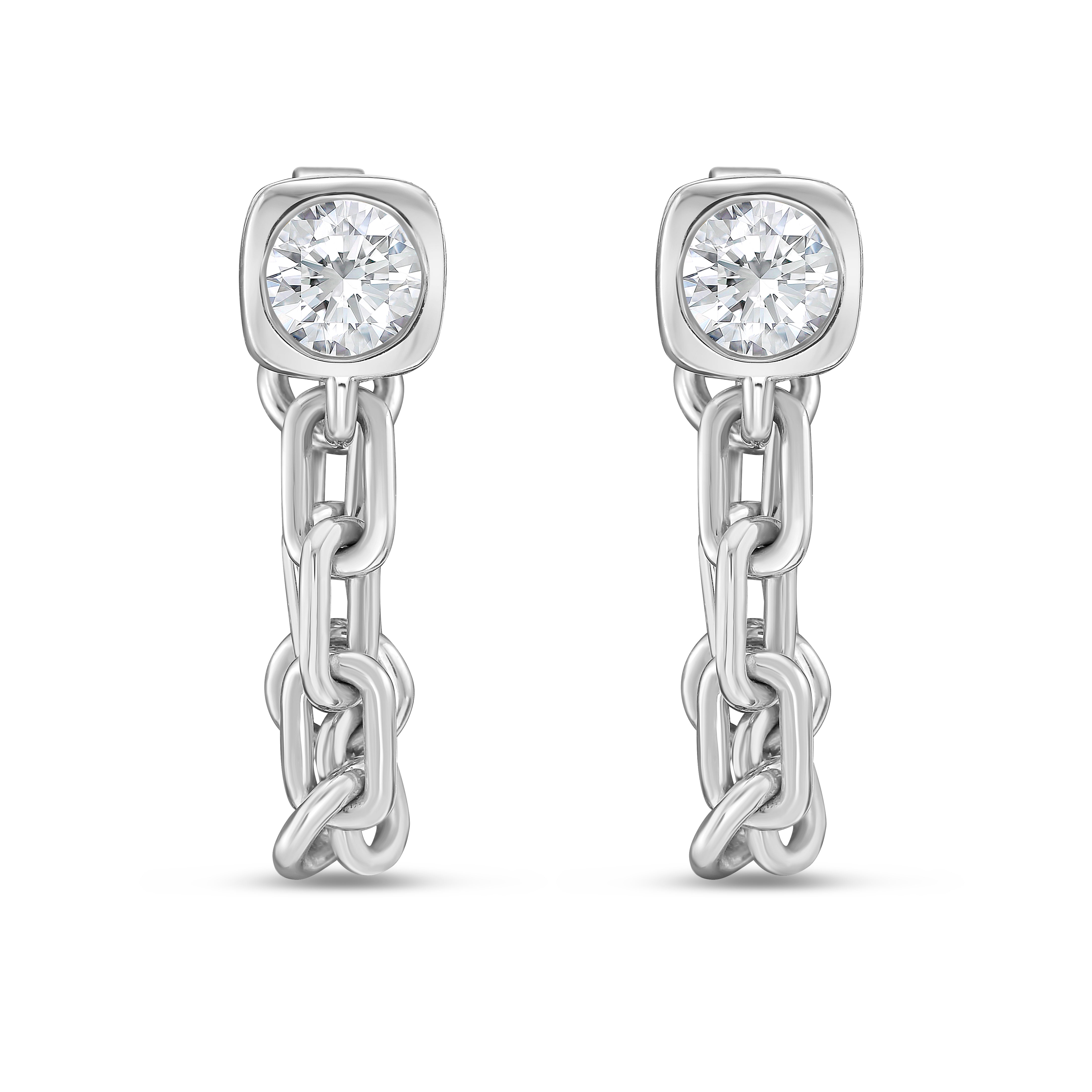 Lab Grown Round Bezel with Link Chain Drop Earrings