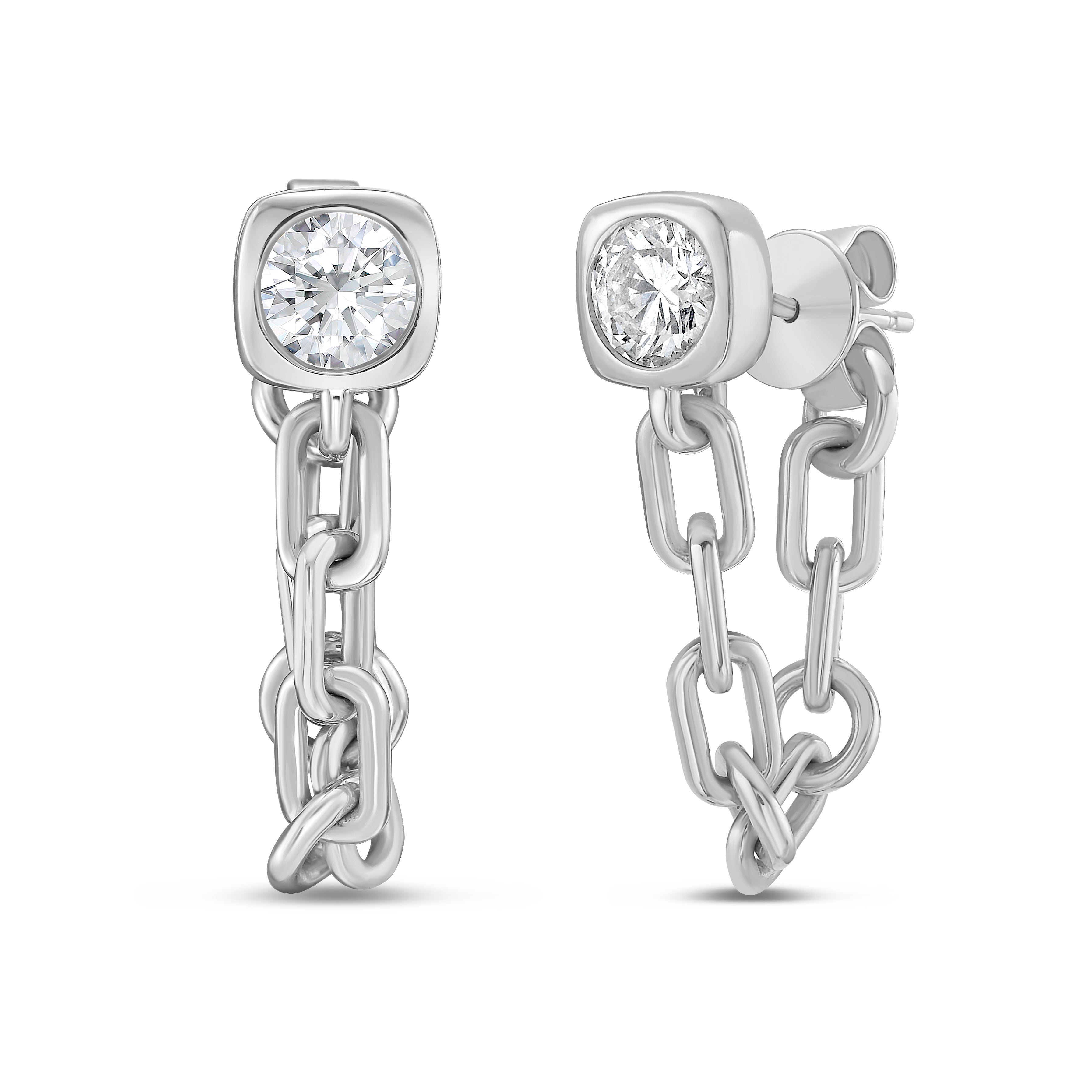 Lab Grown Round Bezel with Link Chain Drop Earrings