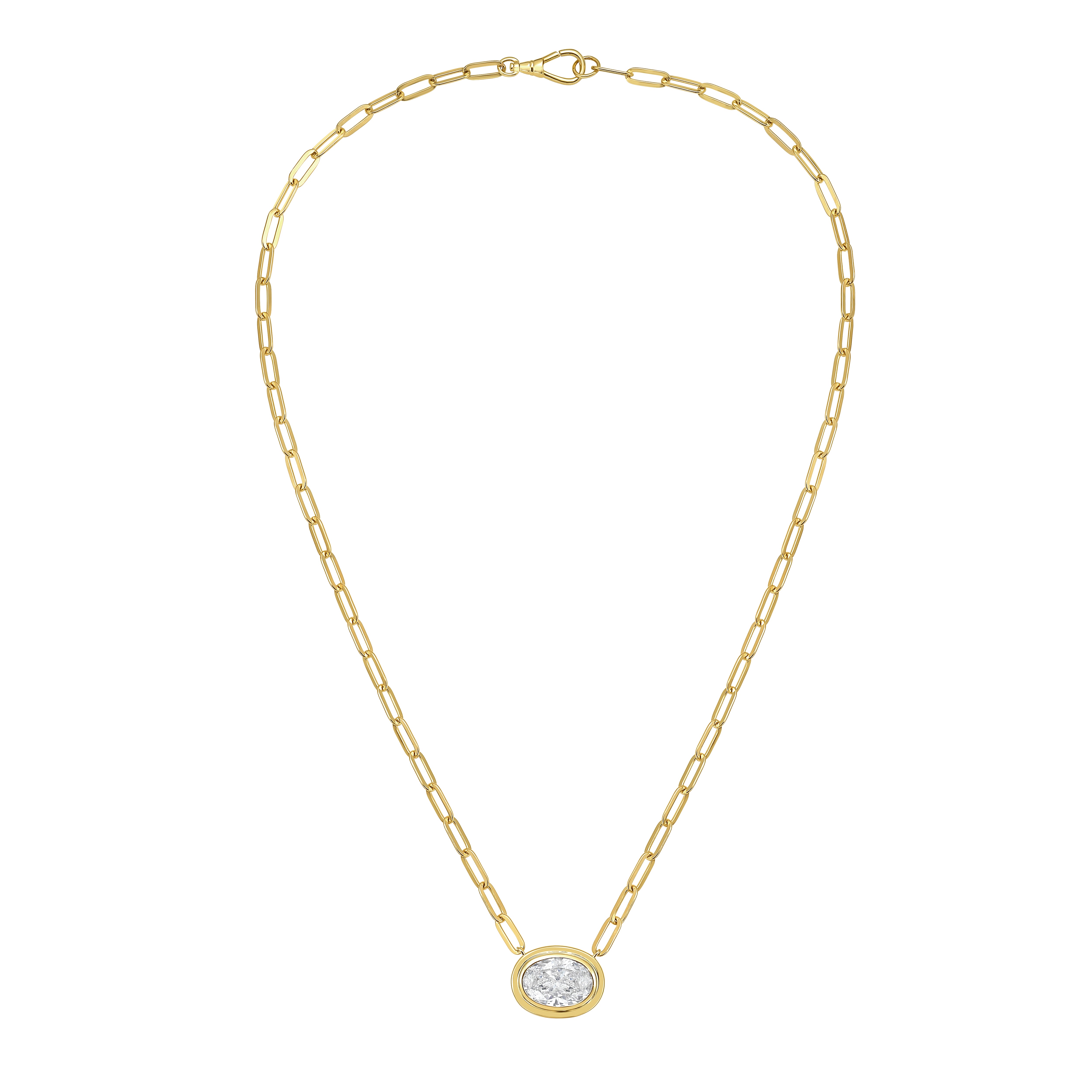 Lab Grown Oval Bezel Pendant With Paperclip Chain