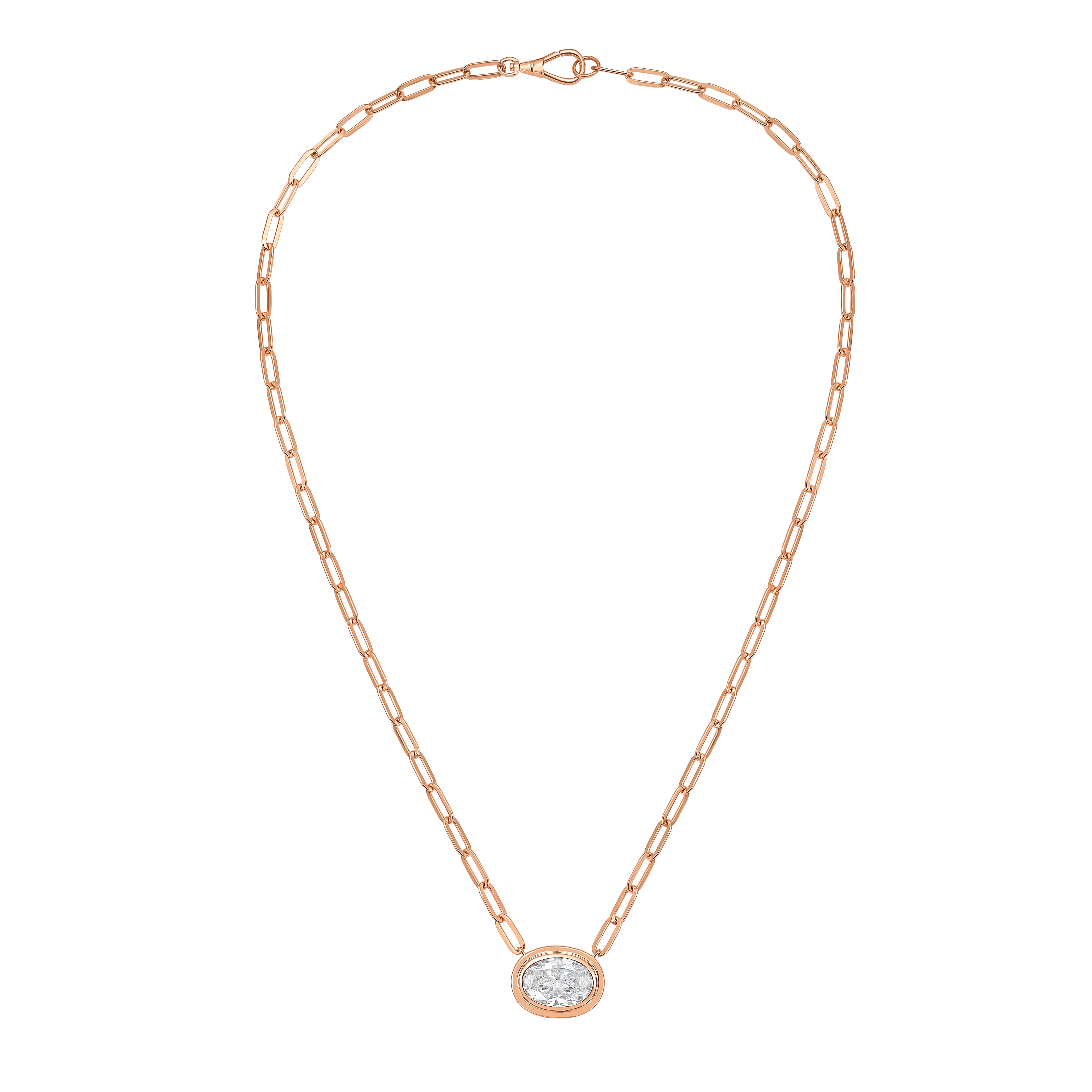 Lab Grown Oval Bezel Pendant With Paperclip Chain