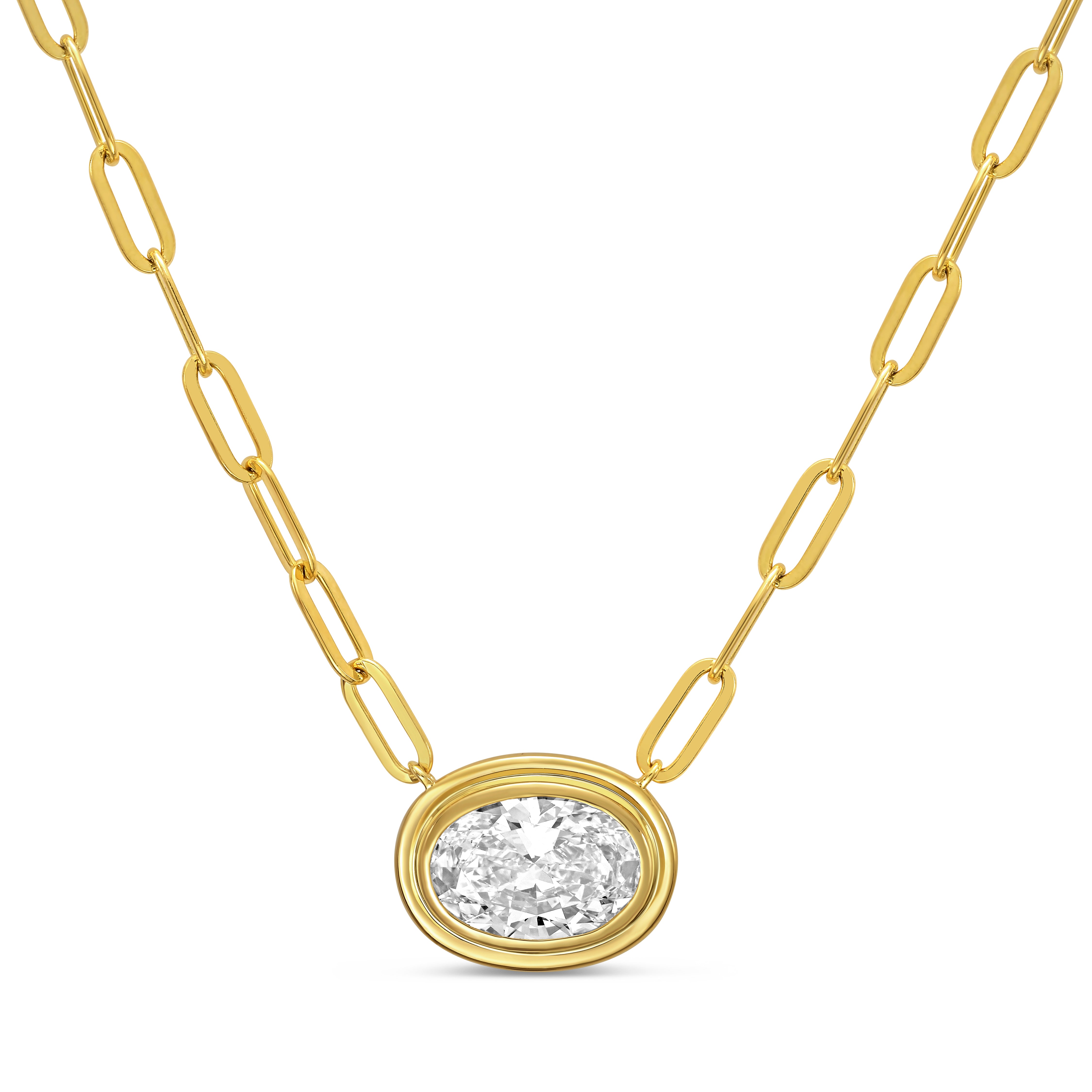 Lab Grown Oval Bezel Pendant With Paperclip Chain