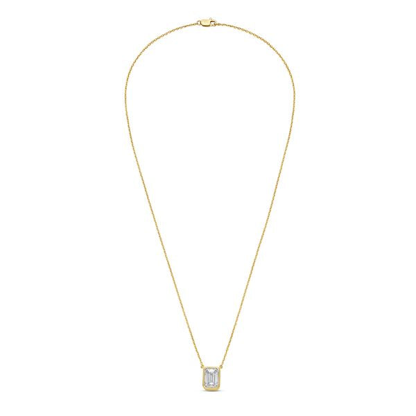 Minimal bezel emerald diamond pendant in yellow, white, and rose gold