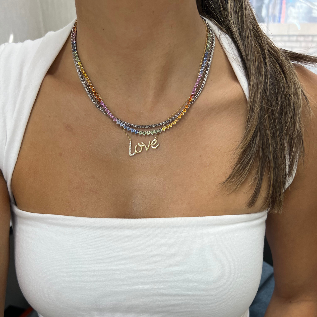 18kt White Gold Rainbow Heart Tennis Necklace