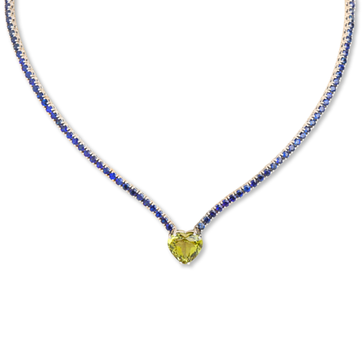 Green Topaz Heart Blue Sapphire Tennis Necklace