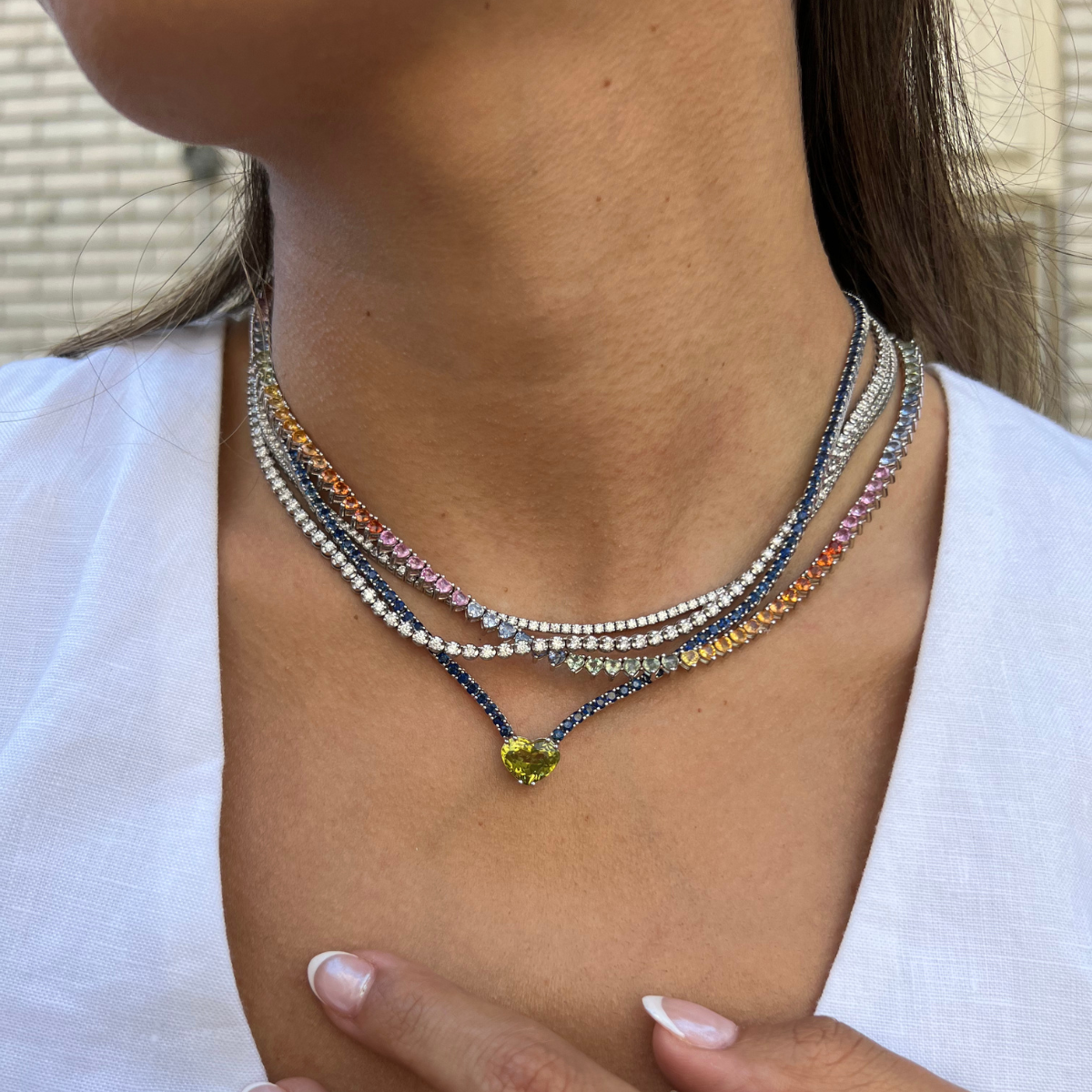 Green Topaz Heart Blue Sapphire Tennis Necklace