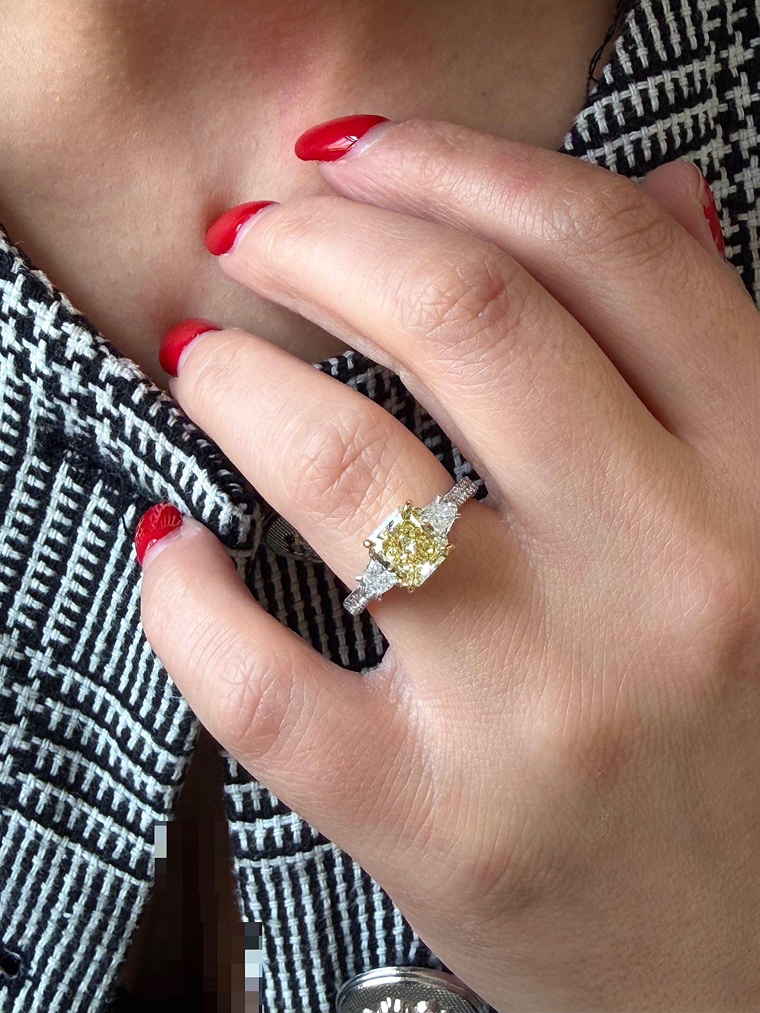 Fancy Yellow Three Stone Radiant Cut Diamond Ring