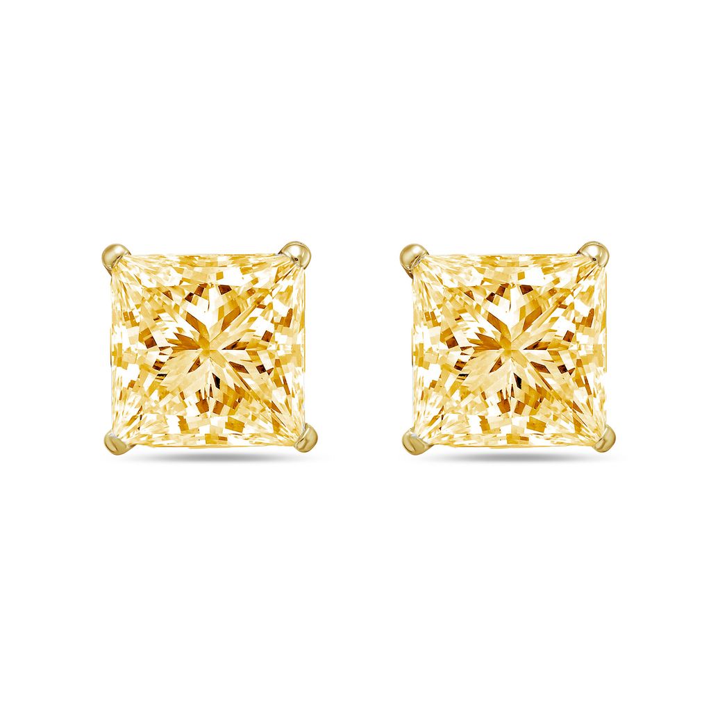 Lab-Grown Yellow Princess Cut Diamond Stud Earrings, 4-Prong, 14K Gold