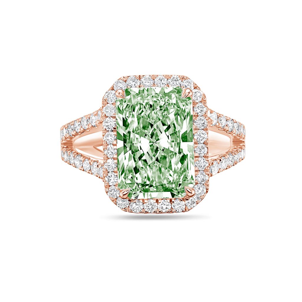 Lab-Grown Green Radiant Halo Diamond Engagement Ring, 14K Gold