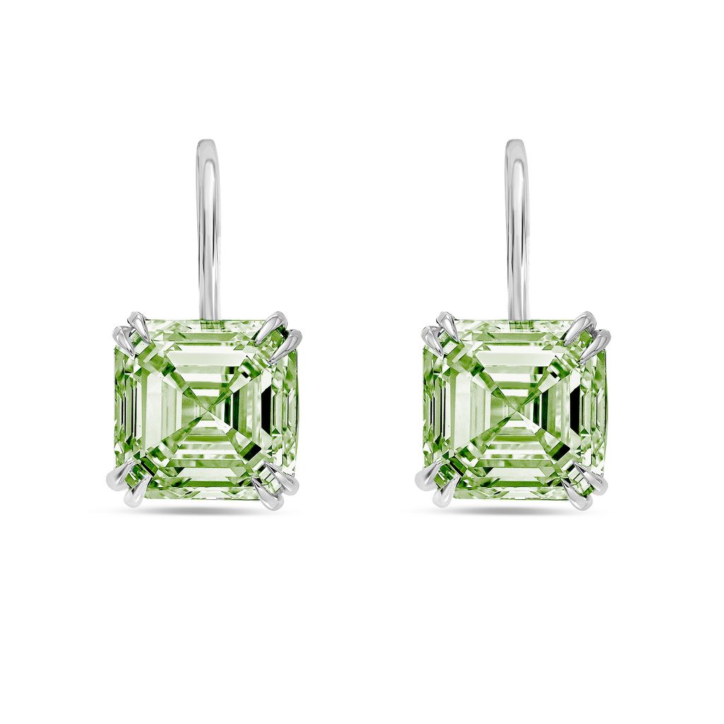Lab-Grown Asscher Cut Green Diamond Drop Earrings, 14K Gold