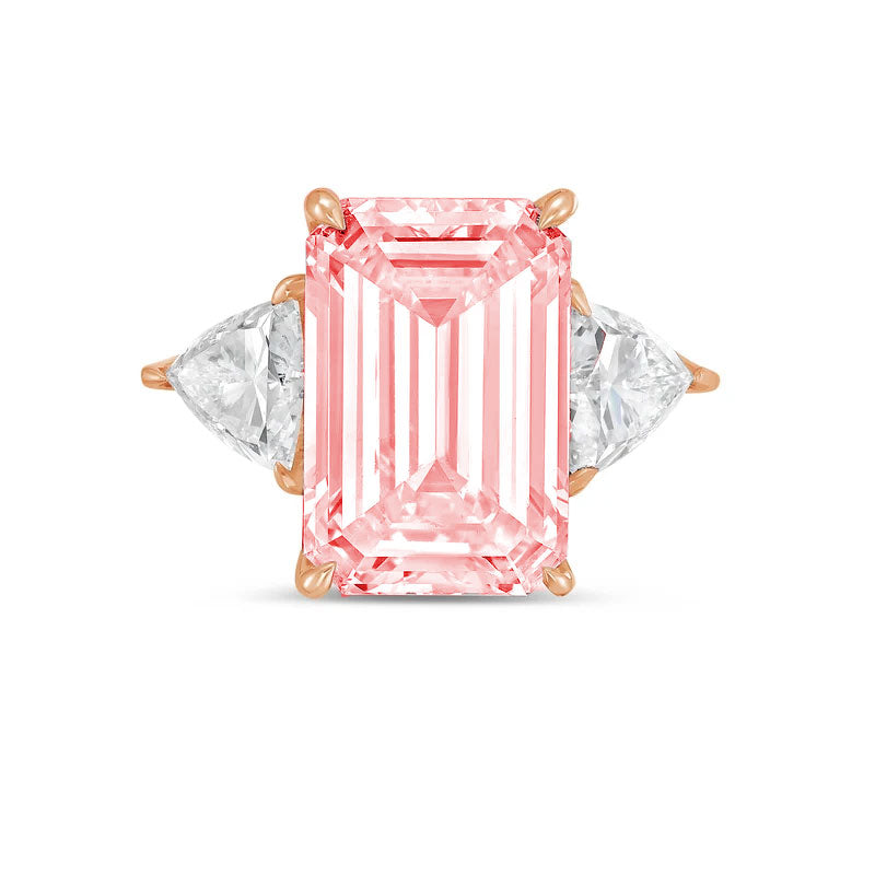 Lab-Grown Pink Emerald Diamond Ring With Trillions, 14K Gold