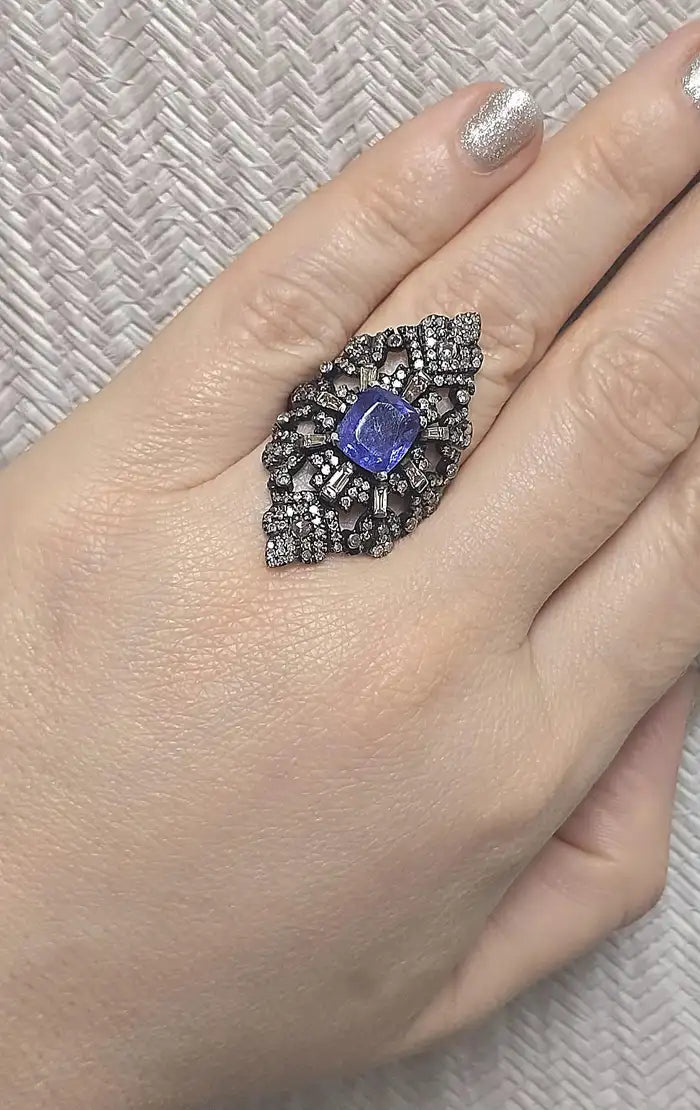 Sapphire Rhodium Art Deco Ring