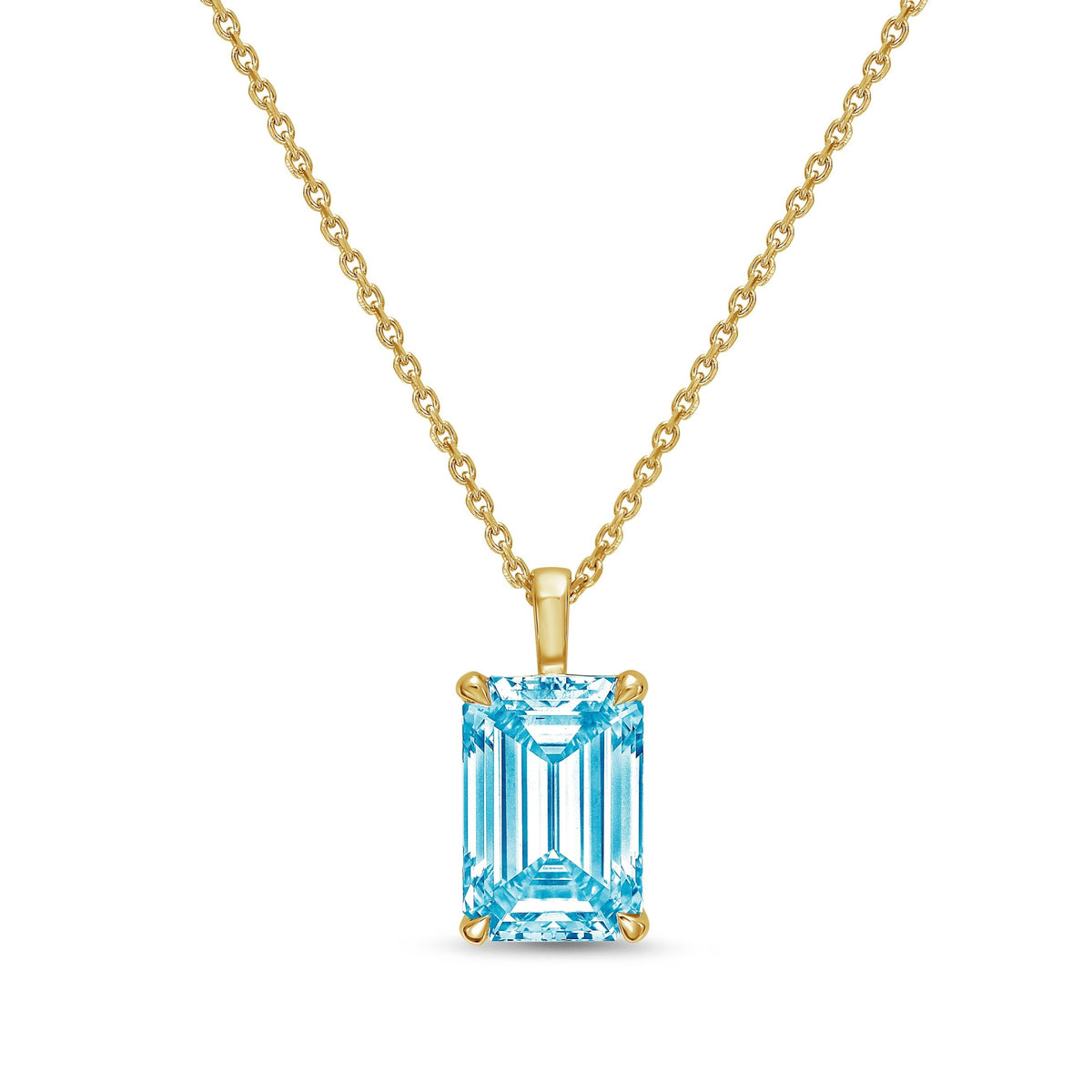 Lab-Grown Blue North-South Emerald Diamond Solitaire Pendant Necklace with Bail, 14K Gold