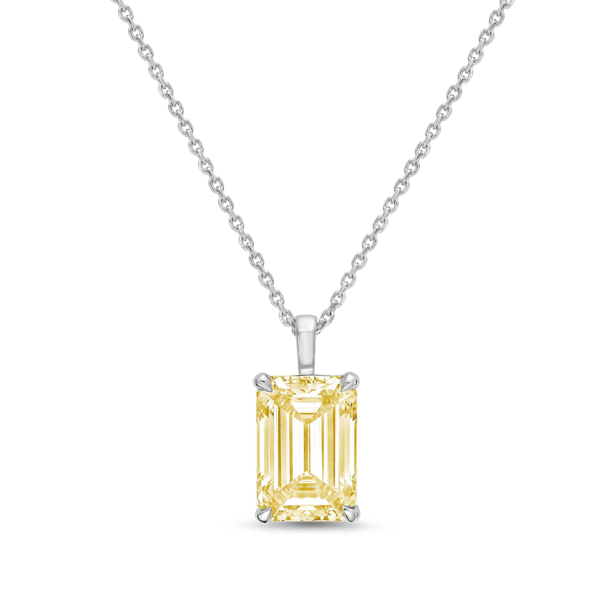Lab-Grown Yellow North-South Emerald Diamond Solitaire Pendant Necklace with Bail, 14K Gold
