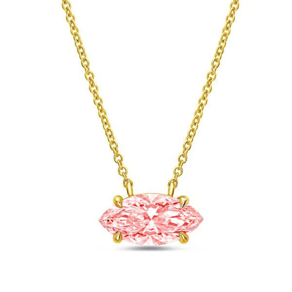 Lab-Grown Pink East-West Marquise Cut Diamond Solitaire Pendant Necklace, 4-Prong, 14K Gold