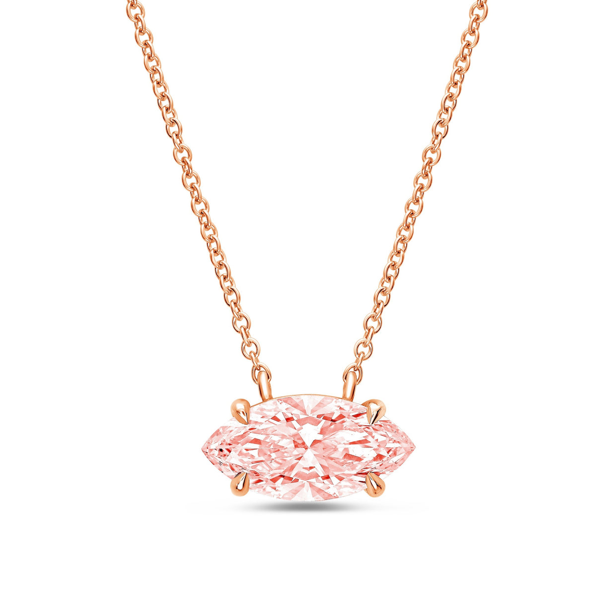 Lab-Grown Pink East-West Marquise Cut Diamond Solitaire Pendant Necklace, 4-Prong, 14K Gold