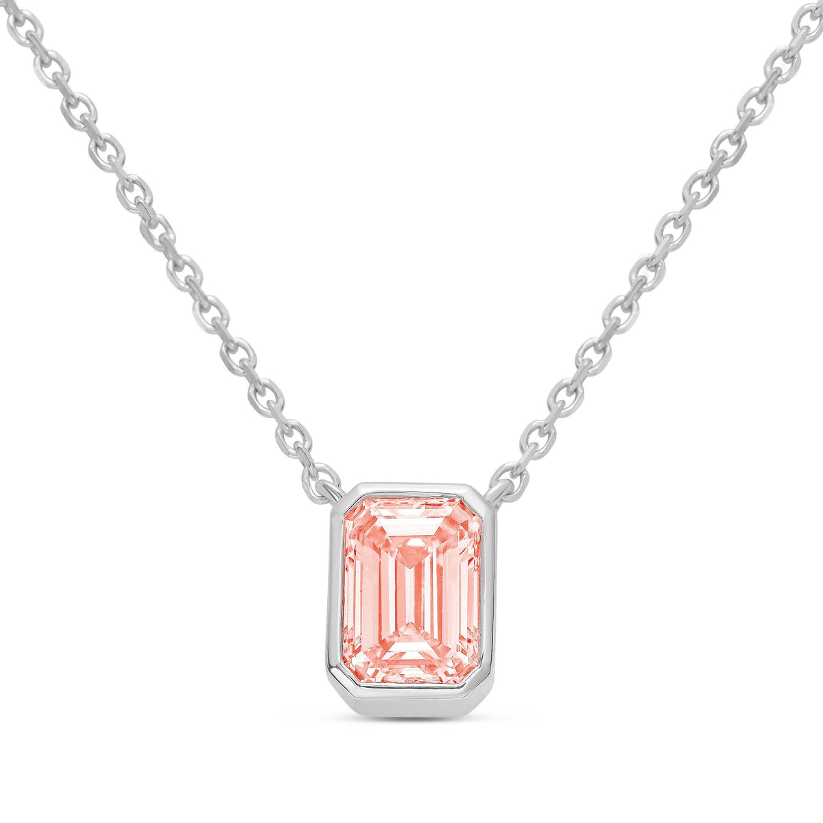 Lab-Grown Pink Emerald Cut Diamond Bezel Pendant, 14K Gold