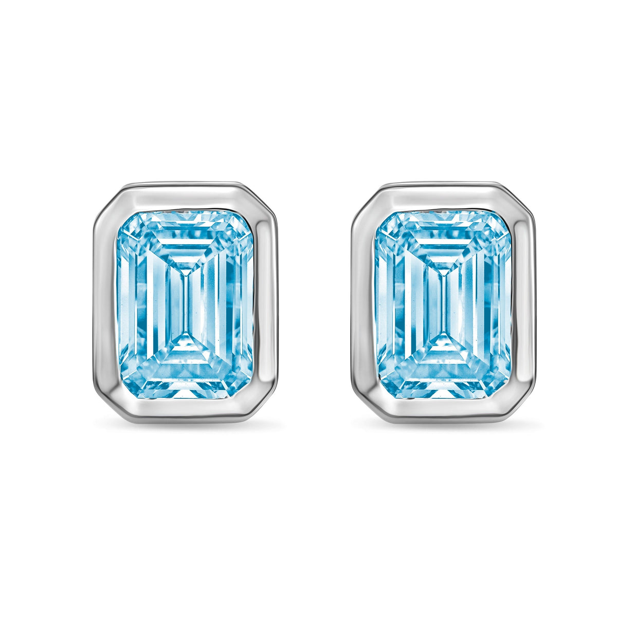 Lab-Grown Blue Bezel Emerald-Cut Diamond Stud Earrings, 14K Gold