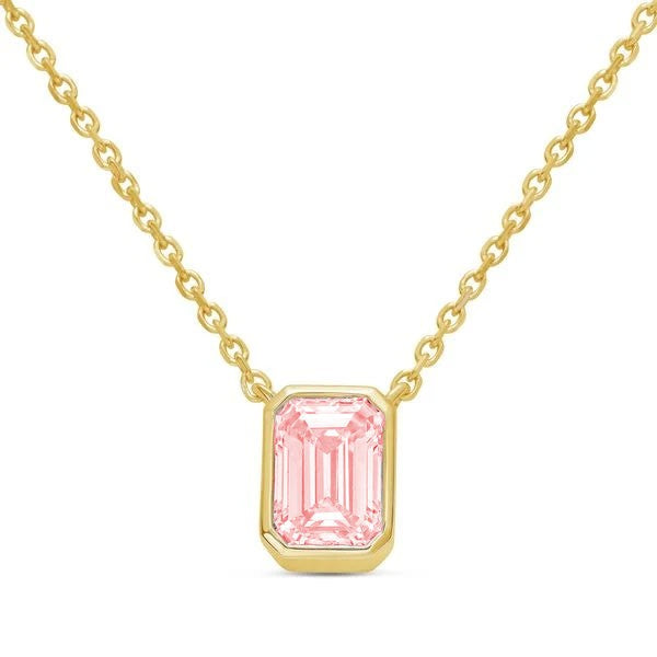 Lab-Grown Pink Emerald Cut Diamond Bezel Pendant, 14K Gold