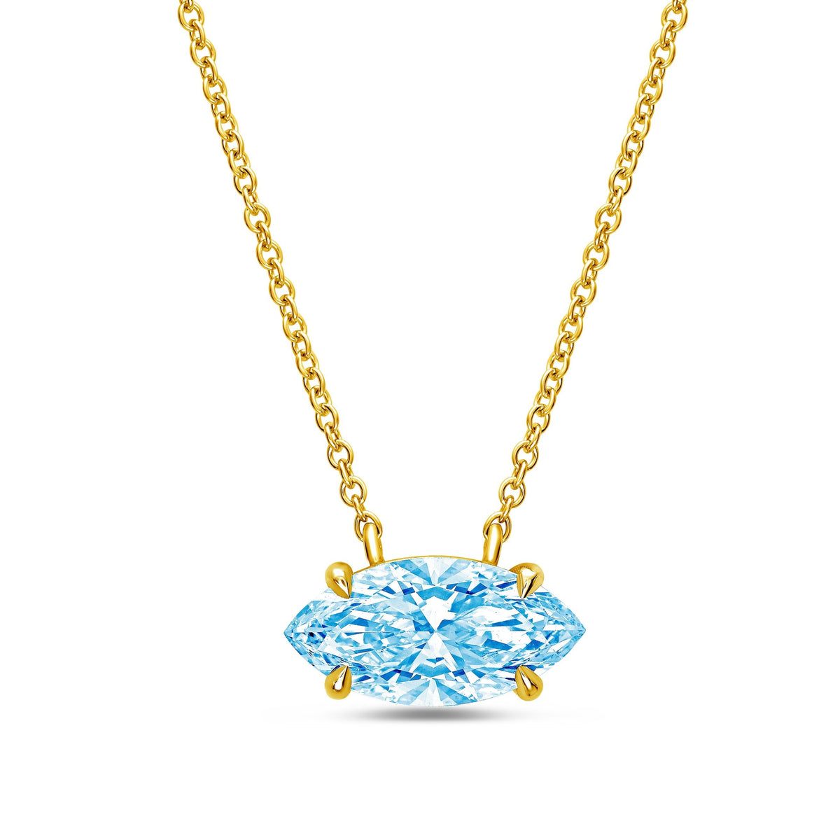 Lab-Grown Blue East-West Marquise Cut Diamond Solitaire Pendant Necklace, 4-Prong, 14K Gold