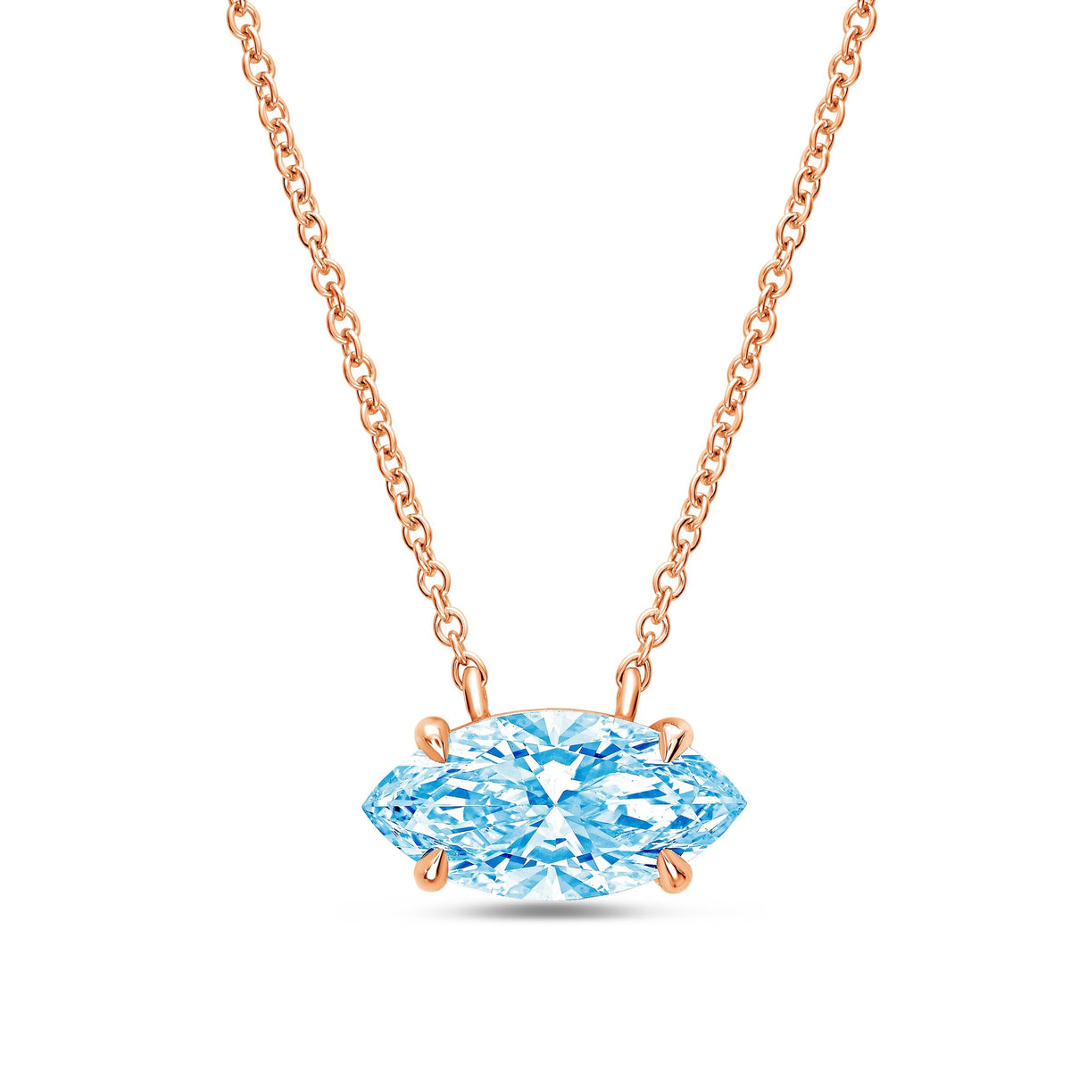 Lab-Grown Blue East-West Marquise Cut Diamond Solitaire Pendant Necklace, 4-Prong, 14K Gold