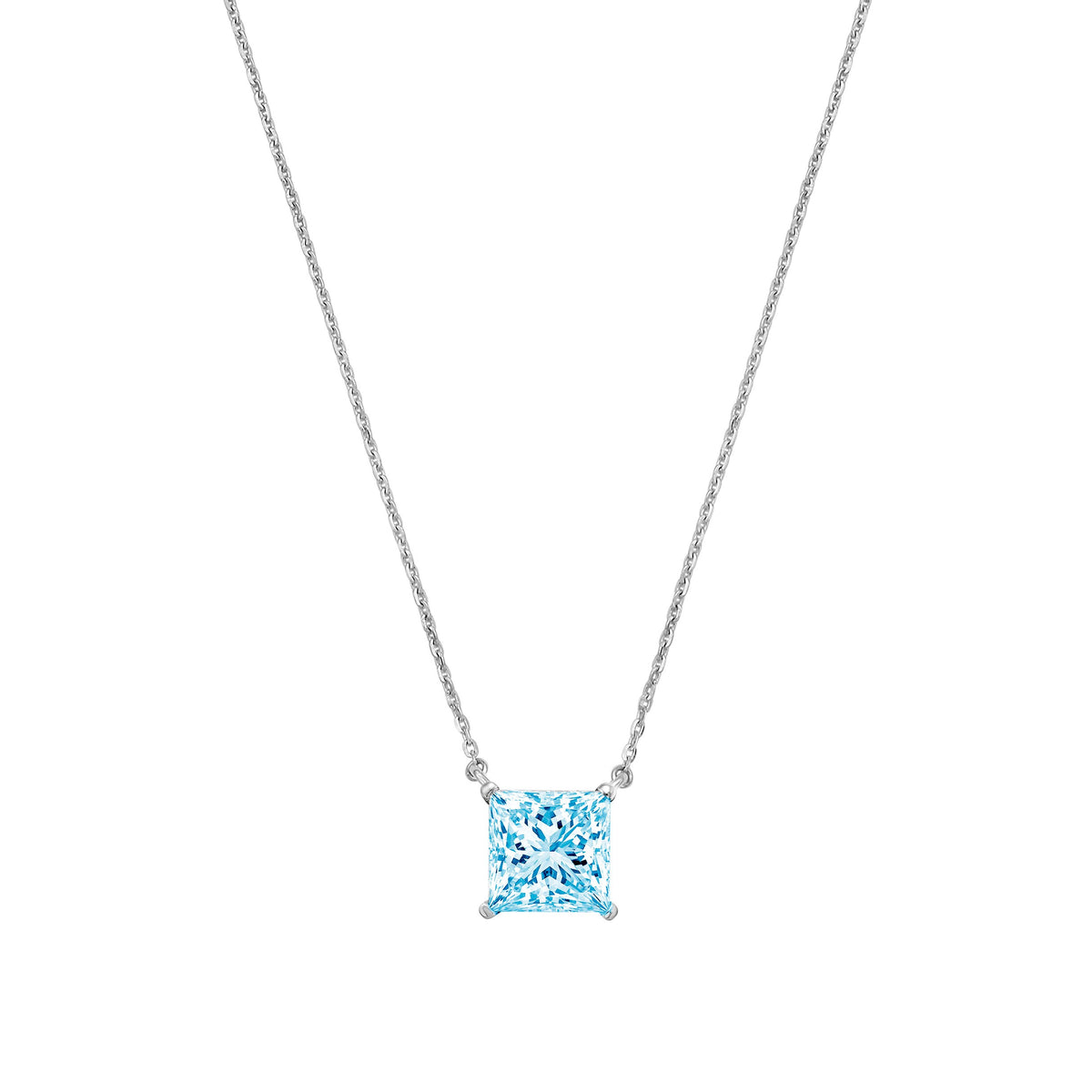 Lab-Grown Blue Princess Diamond Solitaire Pendant Necklace, 4-Prong, 14K Gold