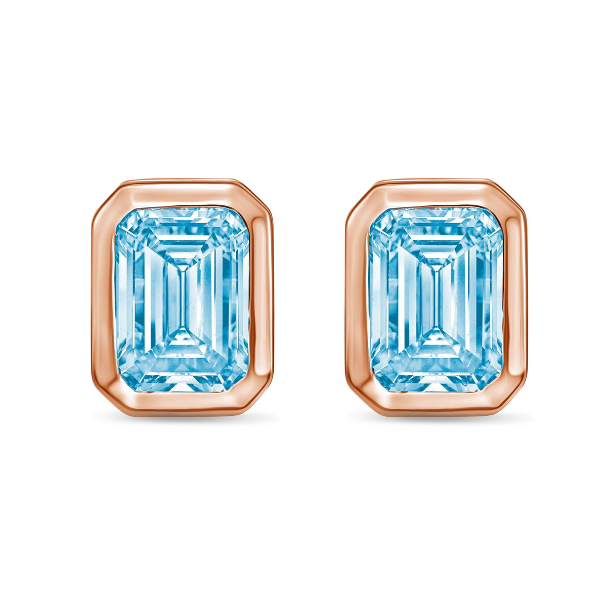 Lab-Grown Blue Bezel Emerald-Cut Diamond Stud Earrings, 14K Gold