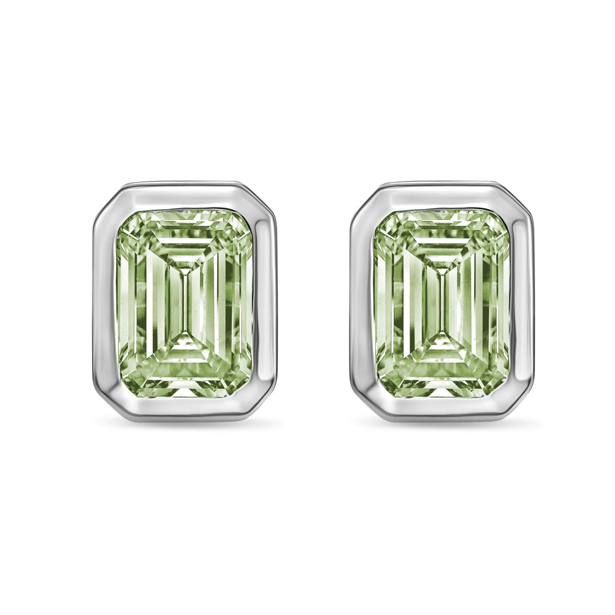 Lab-Grown Green Bezel Emerald-Cut Diamond Stud Earrings, 14K Gold