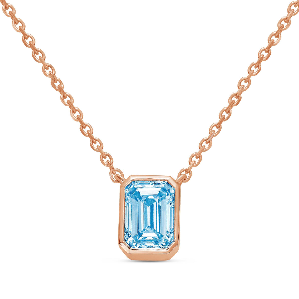 Lab-Grown Blue Emerald Cut Diamond Bezel Pendant, 14K Gold