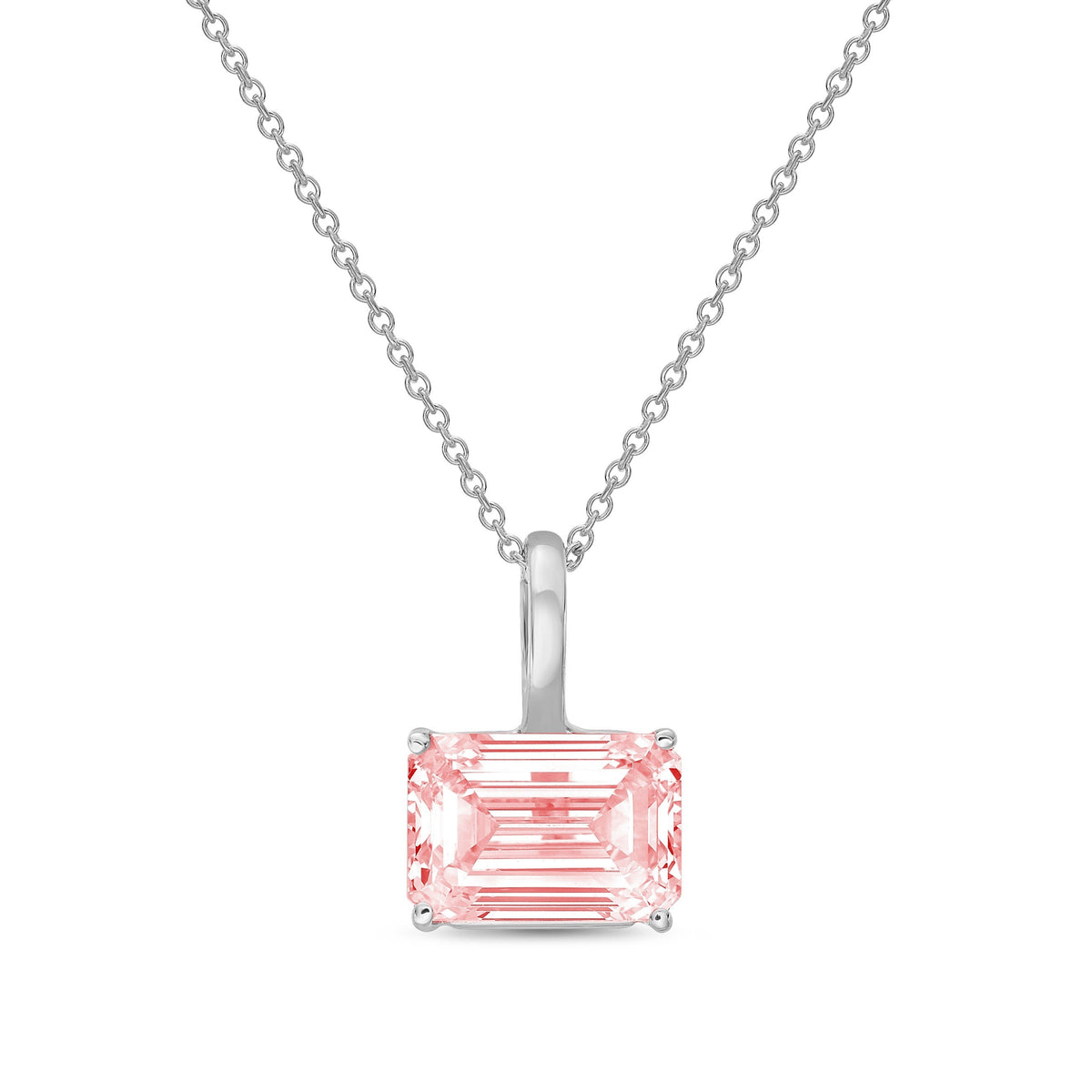 Lab-Grown Pink East-West Emerald Diamond Solitaire Pendant Necklace with Bail, 14K Gold
