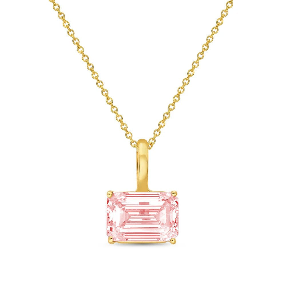 Lab-Grown Pink East-West Emerald Diamond Solitaire Pendant Necklace with Bail, 14K Gold