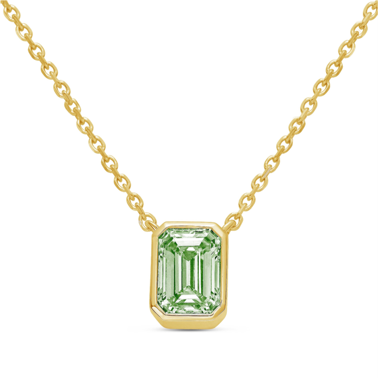 Lab-Grown Green Emerald Cut Diamond Bezel Pendant, 14K Gold