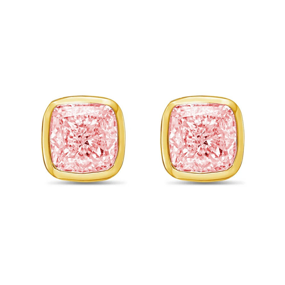 Lab-Grown Pink Cushion Bezel Diamond Stud Earrings, 14K Gold