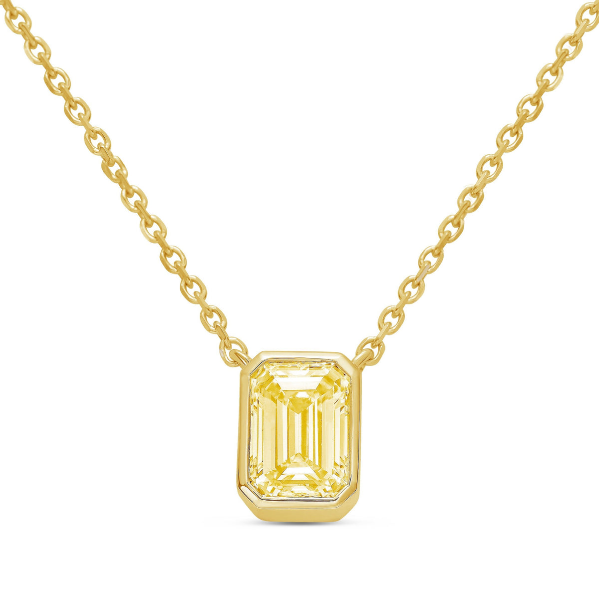 Lab-Grown Yellow Emerald Cut Diamond Bezel Pendant, 14K Gold