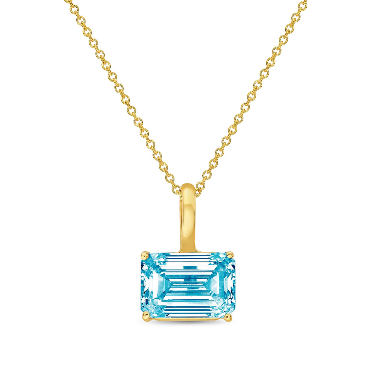 Lab-Grown Blue East-West Emerald Diamond Solitaire Pendant Necklace with Bail, 14K Gold