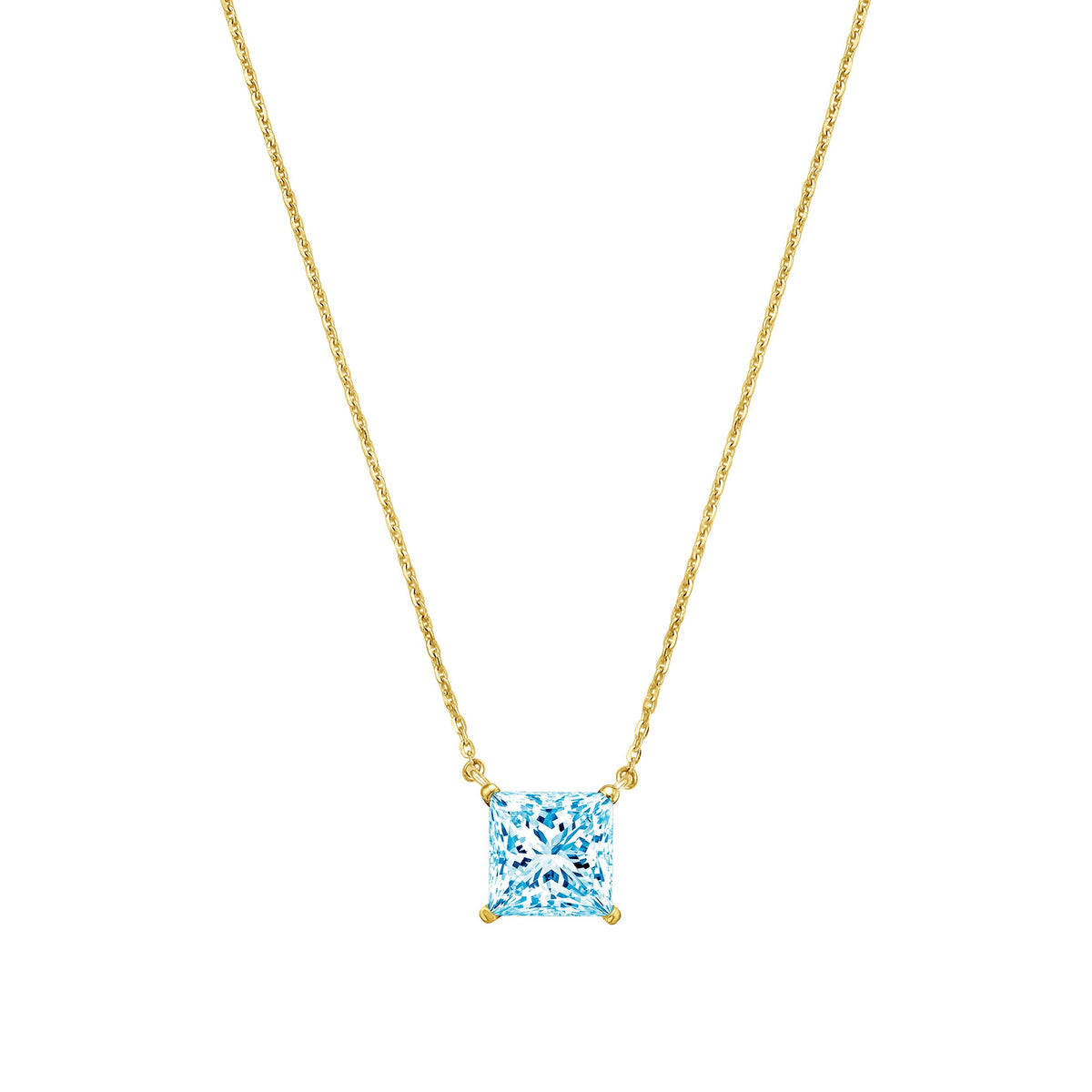 Lab-Grown Blue Princess Diamond Solitaire Pendant Necklace, 4-Prong, 14K Gold