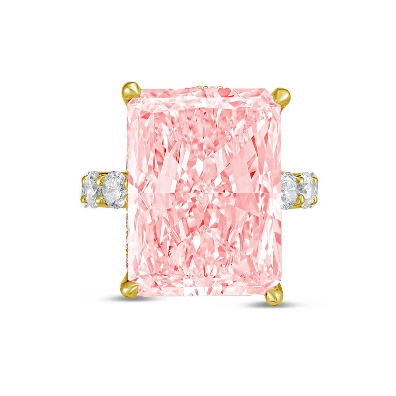 Lab-Grown Pink Radiant Hidden Halo Diamond Ring with Eternity Band, 14K Gold