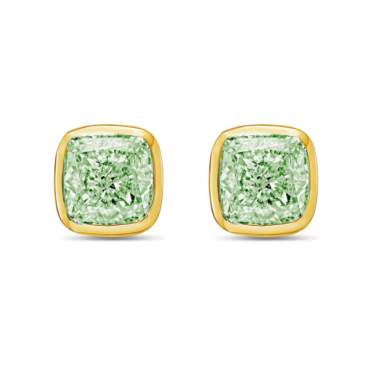 Lab-Grown Green Cushion Bezel Diamond Stud Earrings, 14K Gold