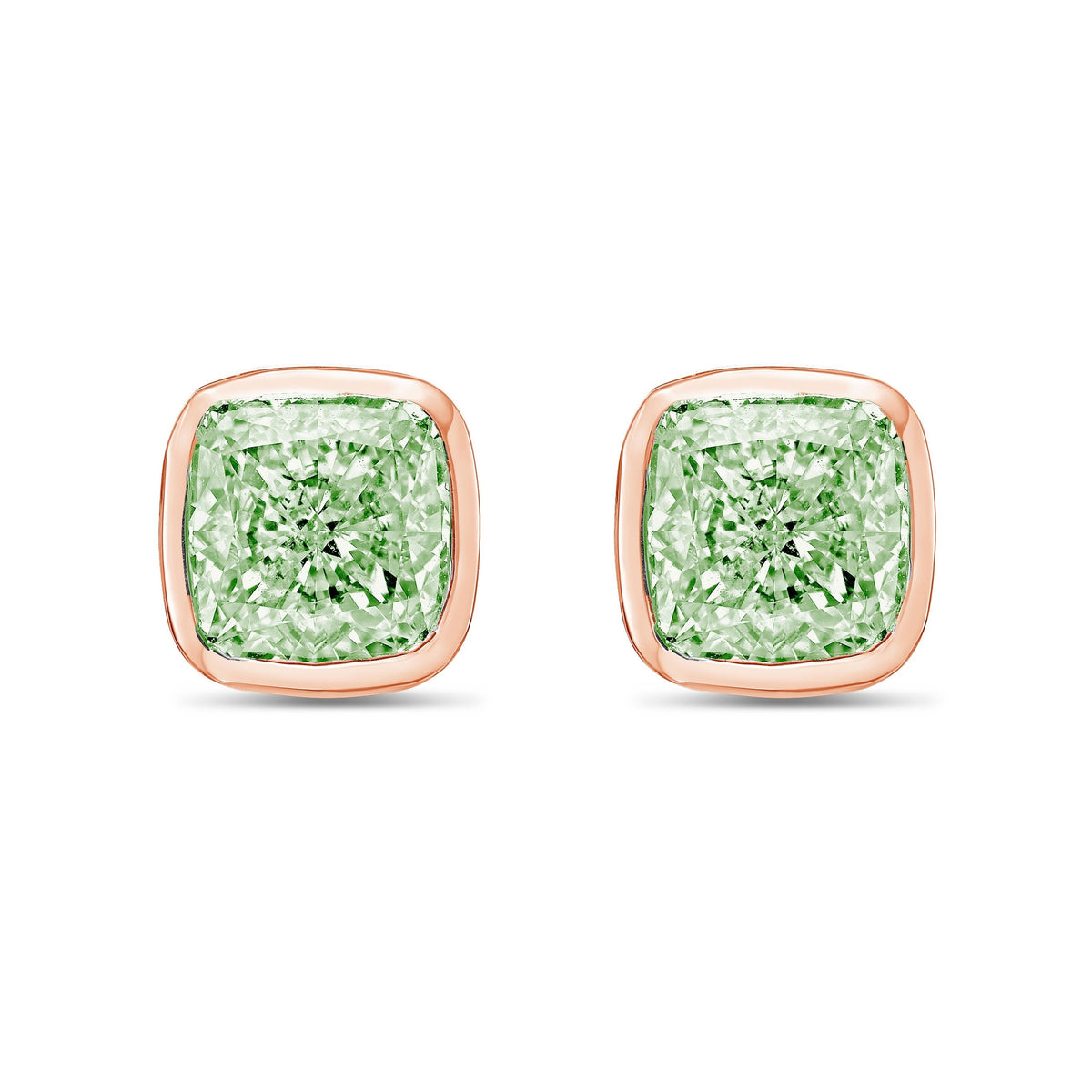 Lab-Grown Green Cushion Bezel Diamond Stud Earrings, 14K Gold
