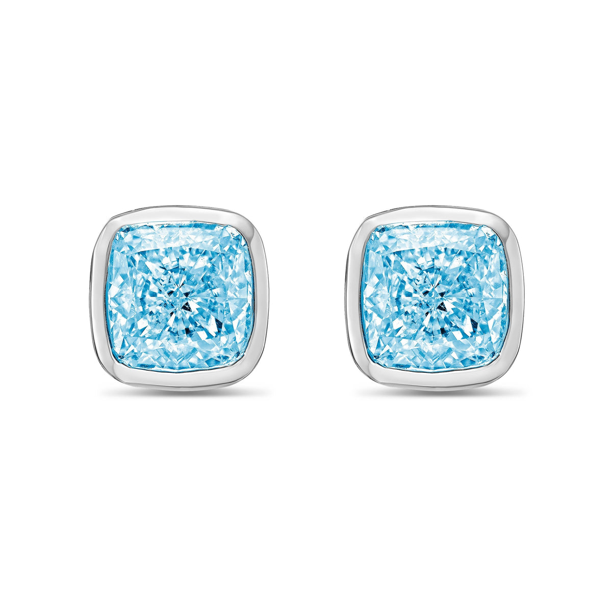 Lab-Grown Blue Cushion Bezel Diamond Stud Earrings, 14K Gold