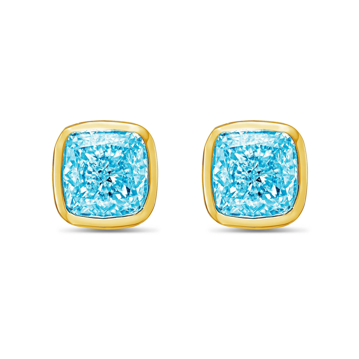 Lab-Grown Blue Cushion Bezel Diamond Stud Earrings, 14K Gold
