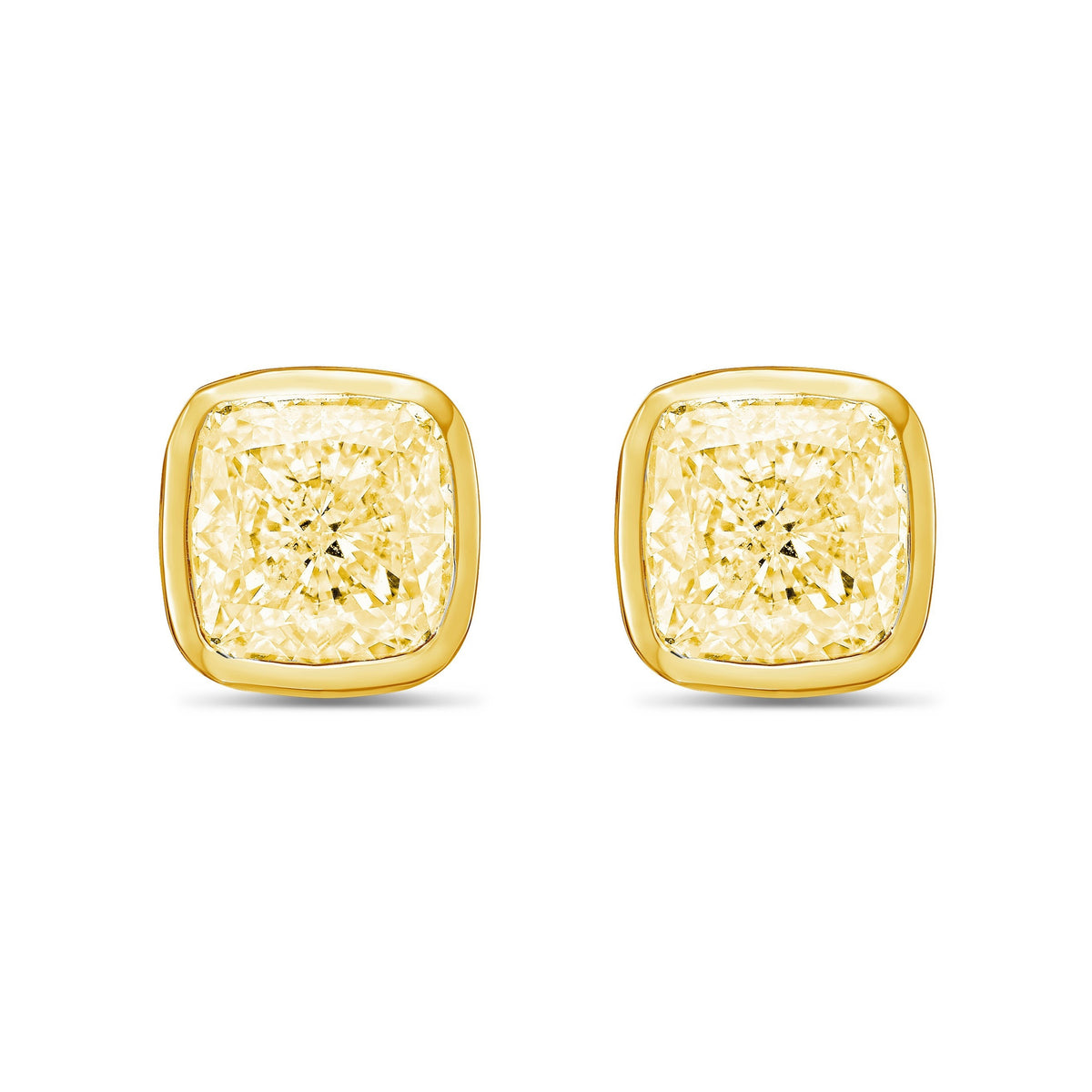 Lab-Grown Yellow Cushion Bezel Diamond Stud Earrings, 14K Gold